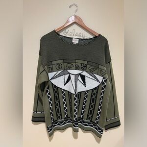 Vintage MONDI Olive & Black Patterned Crewneck Sweater